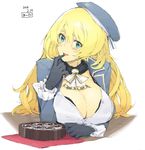  angelo_(gomahangetsu) atago_(kantai_collection) beret blonde_hair box_of_chocolates breasts chocolate cleavage finger_to_mouth gloves green_eyes hat highres huge_breasts kantai_collection long_hair looking_at_viewer solo tongue translation_request valentine 