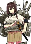  brown_eyes brown_hair highres hyuuga_(kantai_collection) japanese_clothes kantai_collection parted_lips sheath sheathed short_hair sketch solo sword turret weapon yomosaka 