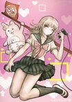  black_legwear brown_hair bunny controller danganronpa directional_arrow flag flipped_hair game_controller hair_ornament hairclip heart kneehighs komatsuzaki_rui mary_janes monomi_(danganronpa) nanami_chiaki official_art pink_eyes scan school_uniform serafuku shoes super_danganronpa_2 