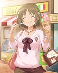  ^_^ artist_request brown_hair closed_eyes eating food food_on_face ice_cream ice_cream_on_face idolmaster idolmaster_cinderella_girls jewelry jpeg_artifacts mimura_kanako necklace official_art ribbon short_hair star 