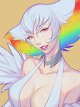  bare_shoulders breasts canonfalao choker cleavage dress feathers highres kill_la_kill kiryuuin_ragyou low_neckline mature multicolored_hair orange_eyes parted_lips rainbow_hair simple_background white_dress white_hair 