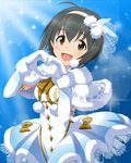  black_hair blue_background bow brown_eyes capelet dress elbow_gloves fur fur_collar fur_trim gloves hair_bow hairband heart heart_hands idolmaster idolmaster_cinderella_girls jpeg_artifacts kohinata_miho looking_at_viewer mittens official_art short_hair smile snowflakes solo sparkle white_dress white_gloves winter_clothes 