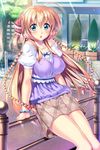  1girl against_railing ahoge aozora_stripe blue_eyes blush bracelet braid brown_hair casual game_cg hair_ribbon highres jewelry long_hair piromizu ribbon sawatari_kotone skirt smile solo tree twin_braids 