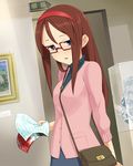  artist_request bag blue_eyes brown-framed_eyewear brown_hair furusawa_yoriko glasses headband idolmaster idolmaster_cinderella_girls long_hair mole mole_under_eye museum official_art solo turtleneck 