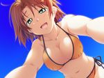  1girl bikini blush breasts brown_hair game_cg green_eyes happy highres large_breasts looking_at_viewer navel open_mouth short_hair sky solo sweat swimsuit takeya_masami te_to_te_try_on tears 