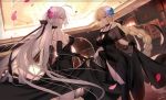  2girls ahoge bangs black_bow black_dress black_gloves black_legwear black_ribbon blonde_hair blush bow braid breasts chandelier choker cleavage dress dress_lift dutch_angle elbow_gloves eyebrows_visible_through_hair fate/grand_order fate_(series) floating_hair flower gloves hair_bow hair_flower hair_ornament hair_ribbon indoors jeanne_d&#039;arc_(alter)_(fate) jeanne_d&#039;arc_(fate)_(all) jeanne_d'arc_(alter)_(fate) jeanne_d'arc_(fate)_(all) jewelry kneehighs large_breasts lifted_by_self long_hair looking_at_viewer multiple_girls necklace open_mouth parted_lips petals ribbon see-through shinooji silver_hair single_braid smile sparkle very_long_hair yellow_eyes 