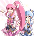  aino_megumi arm_up blue_eyes blue_hair blue_skirt bow bowtie brooch crown cure_lovely cure_princess gyahu hair_ornament happinesscharge_precure! heart heart_hair_ornament jewelry long_hair magical_girl mini_crown multiple_girls pink_bow pink_eyes pink_hair pink_skirt ponytail precure shirayuki_hime skirt smile twintails white_background wide_ponytail wrist_cuffs 