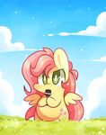  chibi cloud cutie_mark equine female fluttershy_(mlp) friendship_is_magic green_eyes hair horse lifeloser mammal microphone my_little_pony outside pegasus pink_hair pony sky solo standing wings 
