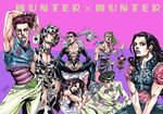  6+boys ace araki_hirohiko_(style) armpits bandages bangle black_hair book bracelet breasts card chrollo_lucilfer collarbone copyright_name disembodied_limb earrings fur_trim green_hair green_lipstick hat heart hisoka_(hunter_x_hunter) holding holding_card horns hunter_x_hunter illumi_zoldyck jewelry jojo_no_kimyou_na_bouken knuckle_bine lantern lipstick long_hair makeup medium_breasts mizaistom_nana multiple_boys palm_siberia parody playing_card ponytail potclean purple_hair purple_lipstick sharp_teeth shoot_mcmahon sideboob signature sleeveless style_parody takumi_(marlboro) tattoo teeth two-tone_background wings 