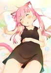  ^_^ ahoge animal_ears blush cat_ears cat_tail closed_eyes drooling hand_on_own_stomach long_hair lying open_mouth original pillow pink_hair sleeping solo tail twintails zpolice 