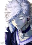  add_(elsword) choker elsword facial_mark male_focus messy_hair mouth_hold psychic_tracer_(elsword) purple_eyes rke signature solo tattoo white_background white_hair wide-eyed 