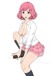  :d bangs breasts breasts_outside cleavage collared_shirt curly_hair from_side ichihisa knee_up kneehighs kofuku legs loafers long_sleeves looking_at_viewer miniskirt nipples no_bra noragami open_clothes open_mouth open_shirt pink_hair pink_skirt plaid plaid_skirt pleated_skirt purple_eyes school_uniform shirt shoes short_hair sitting skirt sleeves_rolled_up small_breasts smile solo white_background white_shirt 