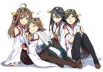  ahoge bare_shoulders black_hair black_legwear boots brown_hair detached_sleeves glasses hairband haruna_(kantai_collection) hiei_(kantai_collection) highres hug japanese_clothes kantai_collection kirishima_(kantai_collection) kongou_(kantai_collection) long_hair multiple_girls open_mouth pantyhose petting short_hair skirt smile thigh_boots thighhighs yomosaka 