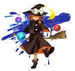  bad_id bad_pixiv_id black_dress black_footwear boots bow broom capelet crescent_moon crossed_legs dress faux_traditional_media full_body hair_over_eyes hat hat_bow kirisame_marisa kirisame_marisa_(pc-98) moon saiko67 short_hair story_of_eastern_wonderland touhou touhou_(pc-98) witch witch_hat 