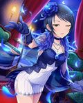  alternate_costume artist_request black_eyes blue_feathers blue_gloves blue_hair book candle crescent_moon earrings feathers flower gloves hair_flower hair_ornament idolmaster idolmaster_cinderella_girls jewelry moon official_art one_eye_closed short_hair wakui_rumi 
