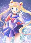  absurdres back_bow bishoujo_senshi_sailor_moon blonde_hair blue_eyes blue_sailor_collar blue_skirt bow brooch choker double_bun earrings elbow_gloves gloves hair_ornament hairpin hand_on_hip highres jewelry kashiwagi_chisame long_hair magical_girl planet red_bow red_choker ribbon sailor_collar sailor_moon sailor_senshi_uniform skirt smile solo tiara tsukino_usagi twintails v white_gloves 