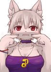  anthro black_nose blush breasts canine chipar clothed clothing female fur hair looking_at_viewer mammal necklace plain_background red_eyes short_hair solo white_background white_fur white_hair 