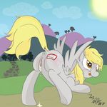  anus blonde_hair blush butt cutie_mark derpy_hooves_(mlp) english_text equine female feral friendship_is_magic fur grey_fur hair horse mammal misturnsfw my_little_pony outside pegasus pony presenting presenting_hindquarters pussy pussy_juice raised_tail solo text tongue wings 