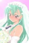  aqua_hair bare_shoulders blush bouquet breasts bridal_veil bride dress earrings elbow_gloves flower gloves hair_ornament hairclip heart heart-shaped_lock heart_earrings heart_lock_(kantai_collection) jewelry kantai_collection long_hair looking_at_viewer medium_breasts mikagami_sou smile solo suzuya_(kantai_collection) veil wedding_dress 