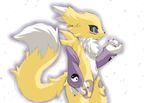 3_fingers black_nose blue_eyes blush breasts canine chest_tuft chipar digimon elbow_gloves female fox fur gloves mammal plain_background raised_tail renamon small_breasts solo standing tuft white_background white_fur yellow_fur yin_yang young 