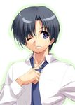  alternate_hair_color black_hair blue_eyes clannad dress_shirt long_sleeves loose_necktie male_focus necktie one_eye_closed outline shirt solo sunohara_youhei white_background zen 