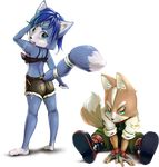  1boy 1girl barefoot blue_hair boots canine clothed clothing feet fingerless_gloves fox fox_mccloud furry gloves green_eyes hair jacket jewelry krystal looking_back mammal markings nintendo shoes short_hair shorts simple_background sitting star_fox tail tongue tongue_out video_games yushoairgun 