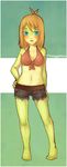  anthro blue_eyes blush brown_hair cleavage clothed clothing denim_shorts female frog frogela green_skin hair hand_on_hip looking_at_viewer navel rynies shorts skimpy solo standing 