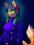  blue_hair canine falvie female fox fur green_eyes green_hair hair looking_at_viewer mammal orange_fur pink_nose socks-the-fox solo two_tone_hair uniform 