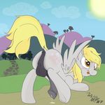 animal_genitalia balls blonde_hair blush butt cum cutie_mark derpy_hooves_(mlp) dickgirl english_text equine feral friendship_is_magic fur grey_fur hair horse horsecock intersex mammal misturnsfw my_little_pony outside pegasus penis pony presenting presenting_hindquarters raised_tail solo text tongue wings 