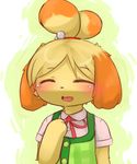  animal_crossing animal_crossing:_new_leaf anthro bell blonde_hair blush canine chipar clothed clothing dog eyes_closed female fur hair hairband isabelle_(animal_crossing) mammal nintendo open_mouth plain_background short_hair solo tongue video_games yellow_fur 