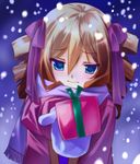  blonde_hair blue_eyes blush box coat dairenji_suzuka drill_hair gift gift_box hair_ribbon highres incoming_gift long_hair mittens ribbon scarf senomoto_hisashi snowing solo tokyo_ravens twin_drills twintails 