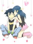  blue_hair couple friend_zone hikari_(pokemon) kiss pokemon pokemon_(anime) satoshi_(pokemon) scarf skirt 