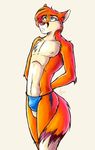  ango76 anthro blue_eyes bulge canine facial_markings fox hands_behind_back looking_up male mammal markings pink_nose plain_background solo speedo standing swimsuit thong white_background 