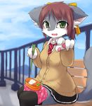  anthro blush bow breasts brown_hair canine chipar chopsticks clothed clothing female food fur green_eyes grey_fur hair hair_bow legwear looking_at_viewer mammal open_mouth outside sitting sky solo stockings tongue white_hair 