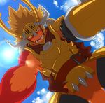  anthro armor belt biceps blonde_hair buddyfight cape clothing dragon drum_(buddyfight) fangs hair helmet legwear looking_at_viewer looking_down low-angle_shot male mita_ran muscles orange_skin outside red_body red_dragon reptile scalie sky solo standing sun teeth thigh_highs worm's-eye_view yellow_eyes 