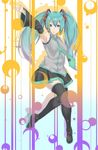  aqua_eyes aqua_hair arm_up armpits bad_id bad_pixiv_id boots detached_sleeves hatsune_miku headset highres long_hair necktie outstretched_arm rolua skirt smile solo thigh_boots thighhighs twintails vocaloid 