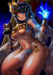  blue_eyes blue_fire boken_fantasy breasts commentary_request fire flame highres large_breasts menace midriff navel panties queen's_blade scepter see-through setra smile solo star_(sky) striped striped_panties thighs thong underboob underwear wrist_cuffs 