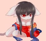  black_hair black_nose blush breasts cat chipar feline female fur hair japanese_clothing long_hair looking_at_viewer mammal open_mouth plain_background red_eyes small_breasts solo white_fur 