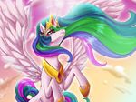  equine feral flying friendship_is_magic fur hair hooves horn horse horseshoe karnella long_hair magic mammal multi-colored_hair my_little_pony necklace outside pony princess_celestia_(mlp) purple_eyes signature solo white_fur winged_unicorn wings 