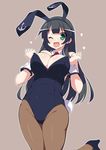  ;d agano_(kantai_collection) alternate_costume animal_ears bare_shoulders black_hair breasts bunny_ears bunnysuit cleavage green_eyes heart highres hoppege kantai_collection large_breasts long_hair one_eye_closed open_mouth pantyhose smile solo wrist_cuffs 