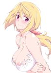 areola_slip areolae blonde_hair blush bra breasts charlotte_dunois cleavage infinite_stratos large_breasts long_hair low_ponytail nipples purple_eyes smile solo touge_hiro underwear white_bra 