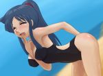  aizawa_chizuru akita_shoten beach black_hair drooling masturbation naughty_face ocean one-piece_swimsuit outdoors outside ponytail public purple_eyes pussy_juice sea shinryaku!_ikamusume sweat swimsuit tongue tongue_out tsepesi 