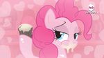  animated blinking blue_eyes cupcake edit equine female feral food friendship_is_magic fur hair half-closed_eyes horse logo looking_at_viewer mammal my_little_pony pink_background pink_fur pink_hair pinkie_pie_(mlp) plain_background pony solo surgicalarts sweat 