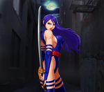  alley bad_id bad_pixiv_id bare_shoulders blue_eyes boongari breasts bridal_gauntlets cloud elbow_gloves gloves highleg highleg_leotard katana leotard lipstick long_hair makeup moon psylocke purple_hair sideboob solo sword thighhighs weapon x-men 