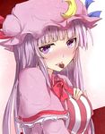  blush bow capelet chocolate crescent hat hat_bow long_hair patchouli_knowledge purple_eyes purple_hair ram_hachimin solo tongue tongue_out touhou 