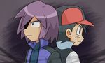  2boys back-to-back baseball_cap black_hair hat jacket male_focus multiple_boys nintendo pokemon pokemon_(anime) purple_hair satoshi_(pokemon) serious shinji_(pokemon) shirt 