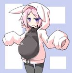  animal_hood blush bunny_hood commentary_request hair_ornament hairclip hood hoodie kugelschreiber long_sleeves original oversized_clothes pantyhose pregnant purple_eyes short_hair sleeves_past_fingers sleeves_past_wrists solo unzipped 