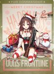  1girl alternate_costume bangs battle_rifle bell black_skirt blush bow bra breasts brown_hair candy candy_cane christmas commentary_request eyebrows_visible_through_hair food gift girls_frontline gun hair_ornament hat long_hair looking_at_viewer m21 m21_(girls_frontline) medium_breasts midriff multicolored_hair official_art red_eyes red_hair ribbon rifle santa_hat scope skirt snowman solo striped striped_legwear striped_ribbon thighhighs underwear weapon 