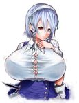  bad_id bad_pixiv_id blouse bouncing_breasts bow braid breasts brown_eyes bursting_breasts cleavage grey_hair hair_bow highres huge_breasts izayoi_sakuya kai(ry knife looking_at_viewer maid_headdress motion_lines seductive_smile short_hair short_sleeves silver_hair simple_background smile solo touhou upper_body vest white_background 