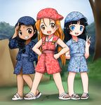  3girls baseball_cap black_hair blue_eyes braid brown_eyes dress j8d loli_cadets long_hair peace_sign ponytails red_hair sandals short_hair shortalls source_request 